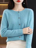 Suéteres Femininos de Manga Longa 100% Lã Merino Primavera Outono Gola O Tricô Blusas Roupas Moda Básica - AZUL CÉU M