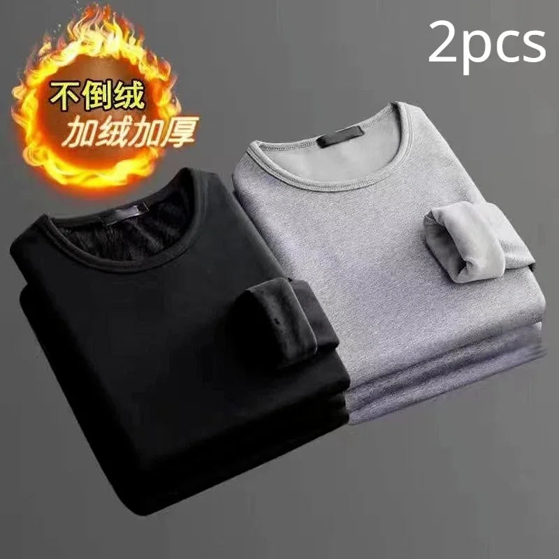 2 Peças Cueca Masculina Inverno Camiseta Térmica de Manga Comprida Acolchoada de Veludo Gola Redonda Cor Sólida Blusa de Baixo Fina