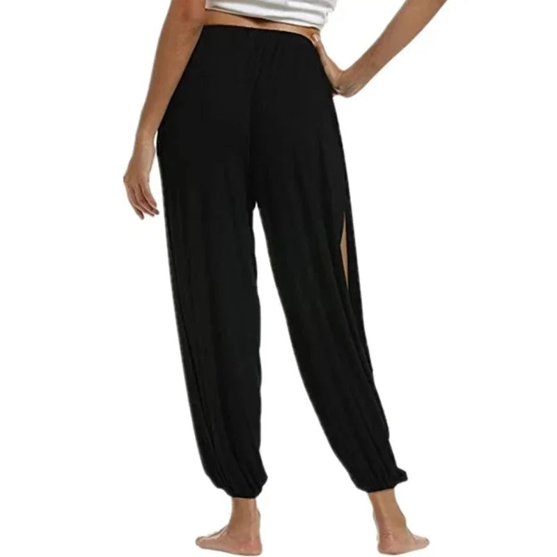 Calça Feminina Harem de Ioga com Fenda de Cintura Alta e Perna Larga Calça Legging de Academia Casual Sólida Vazada para Treino Calça para Academia e Uso Doméstico