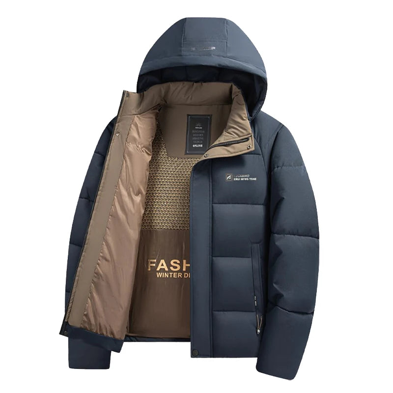 Jaqueta Masculina Corta-Vento Quente de Grafeno 2024 Inverno Novo Estilo Confortável Engrossada Sobretudo com Capuz Masculino Roupa Casual