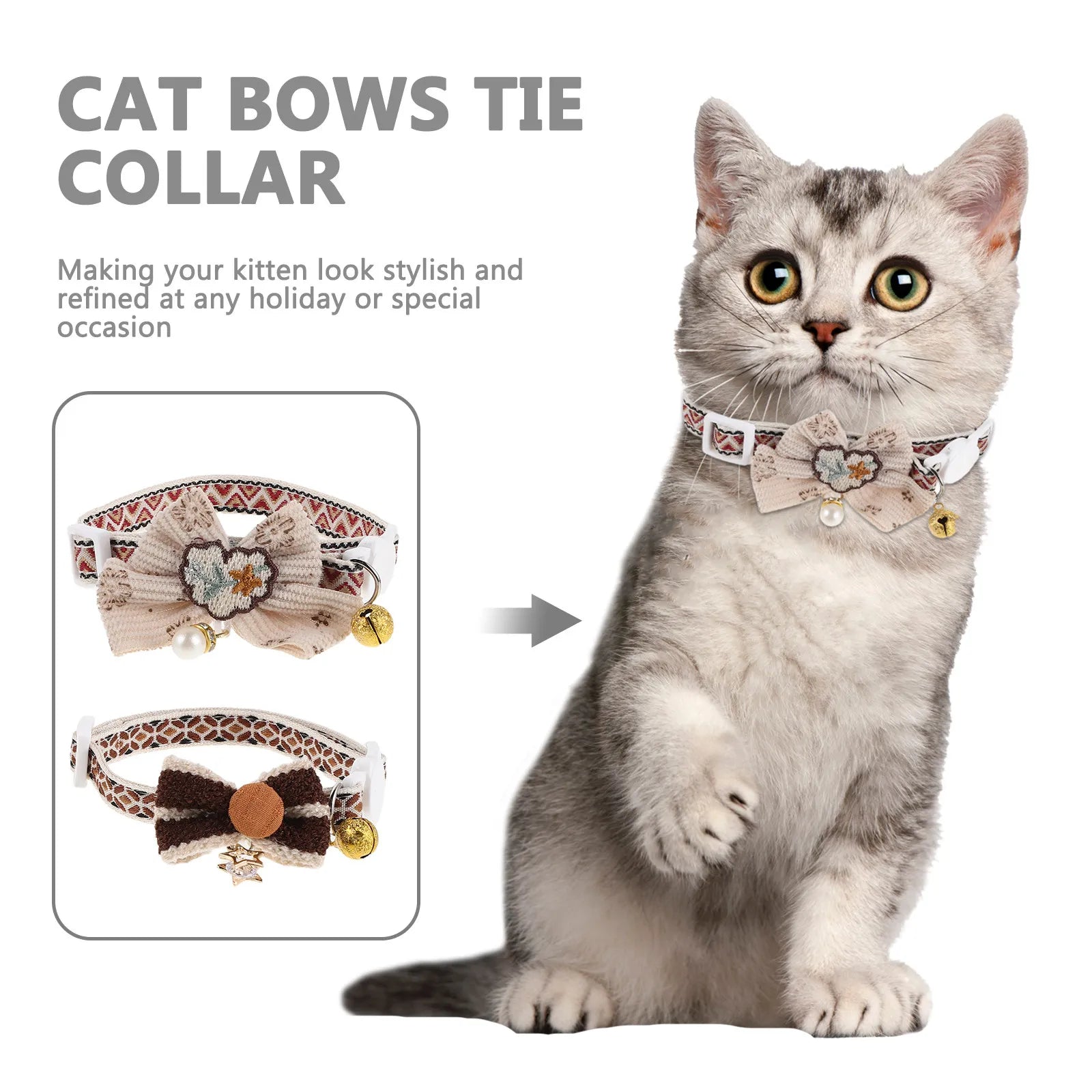 2Pcs Kitten Collar Removable Bow Tie Bell Breakaway Adjustable Safety Elastic Belt Stylish Holiday Cat Pendant Collar