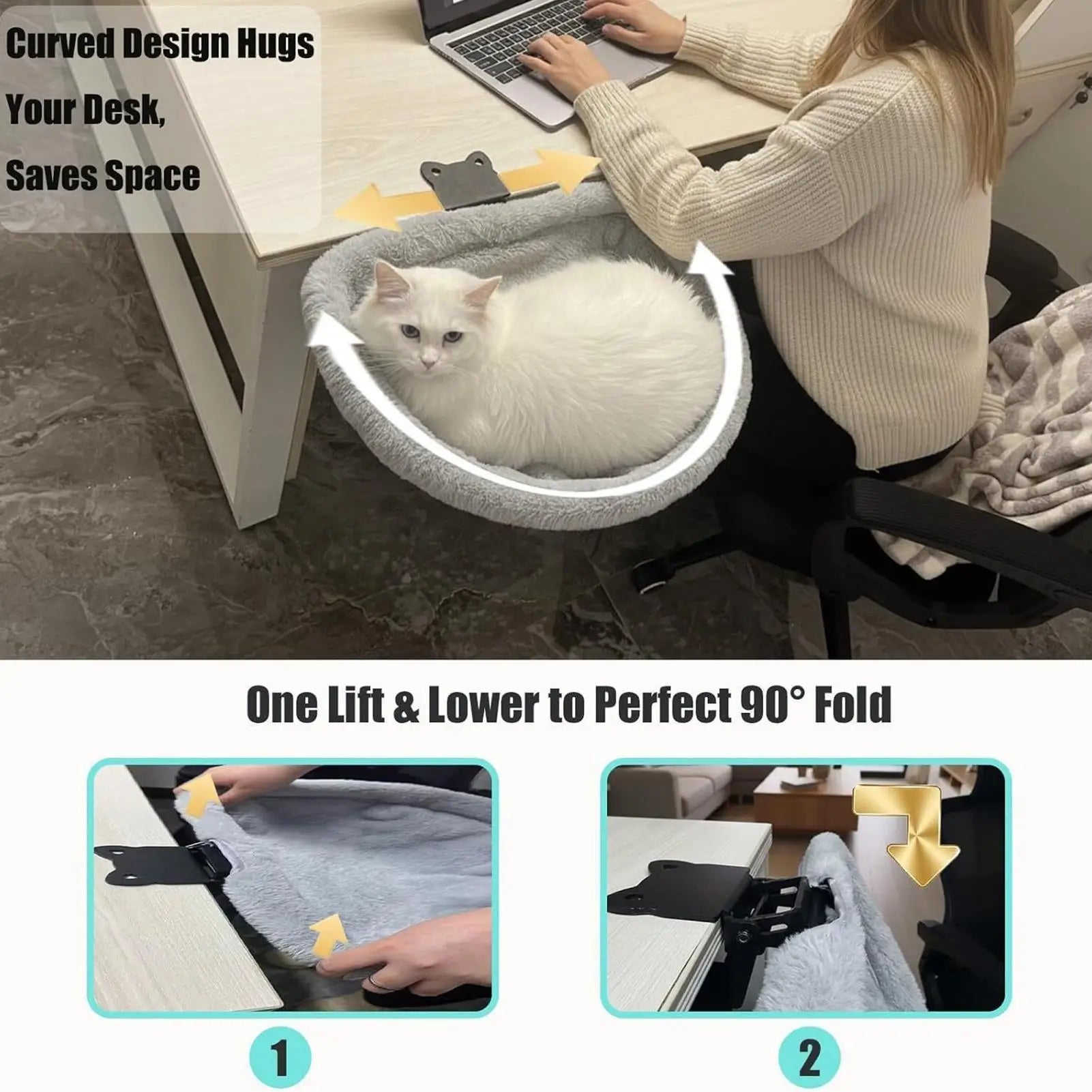 Cat Desk Bed Space Saving Foldable Perch Soft Plush Kitten Hammock Breathable Mesh Indoor Home Office Furniture