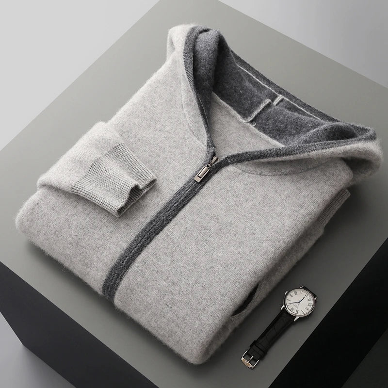 Outono Inverno Novo Suéter de Caxemira 100% Blusão Masculino Cardigã com Zíper e Capuz em Camada de Ar Engrossado Bloco de Cores Suéter de Tricô Jaqueta