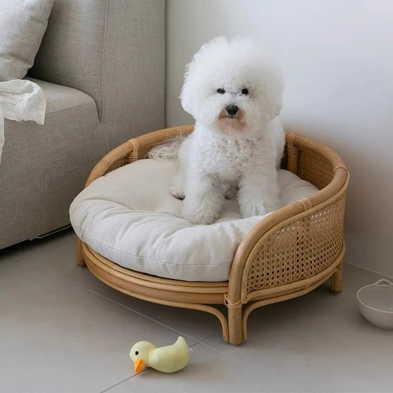Modern Bohemian Natural Rattan Pet Bed with Cushion Rattan Pet Small Teddy Nest Summer Cool Round Photo Bed Photography Props