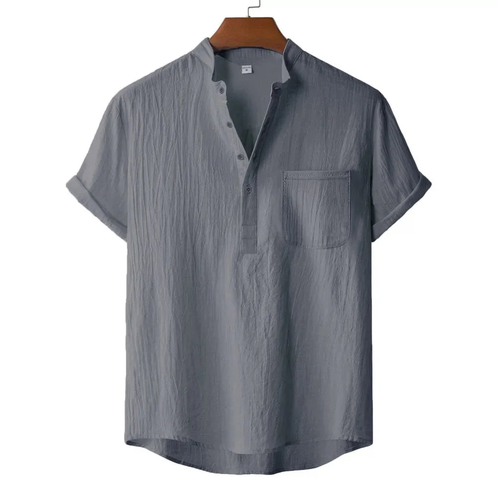 Camiseta Masculina de Verão em Algodão e Linho Estilo Praia Manga Curta Gola Henley Férias Havaí Casual Leve Respirável Confortável