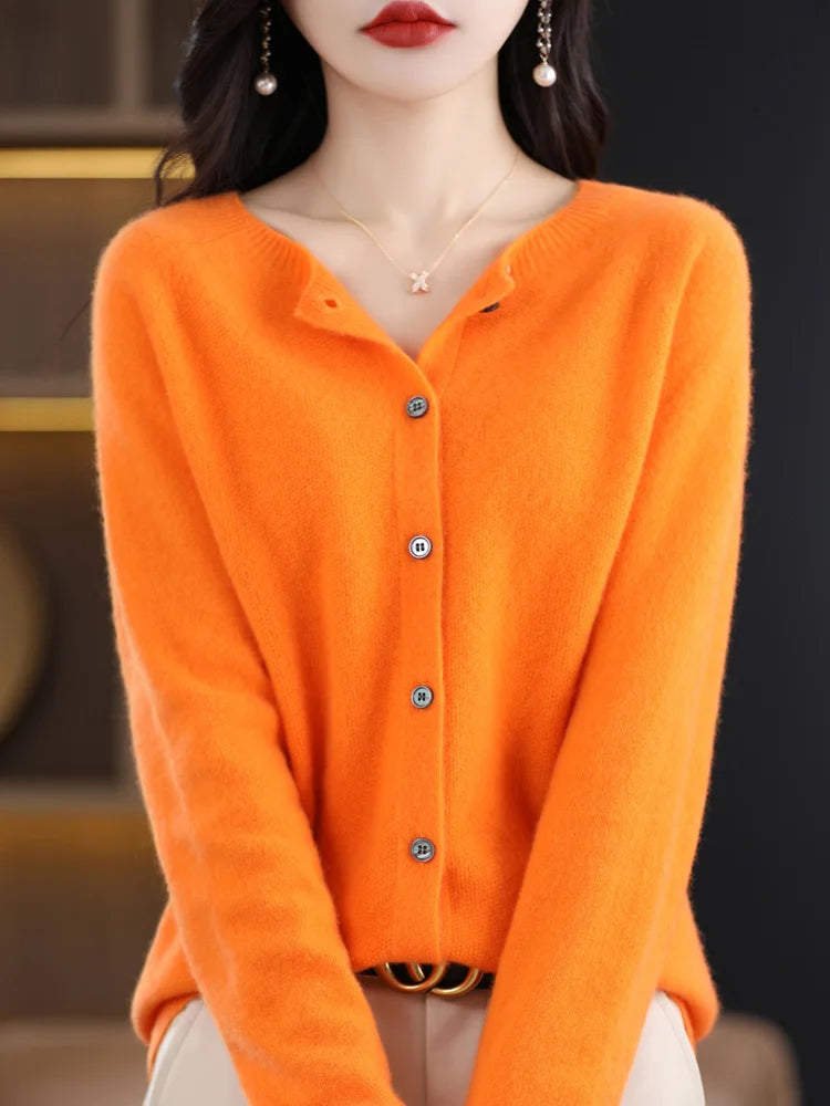Suéter de cashmere feminino 100 lã merino cardigã de malha Outono Inverno O Pescoço Cor Sólida Casual Fashion Top 1 - Azul Changchunhua L