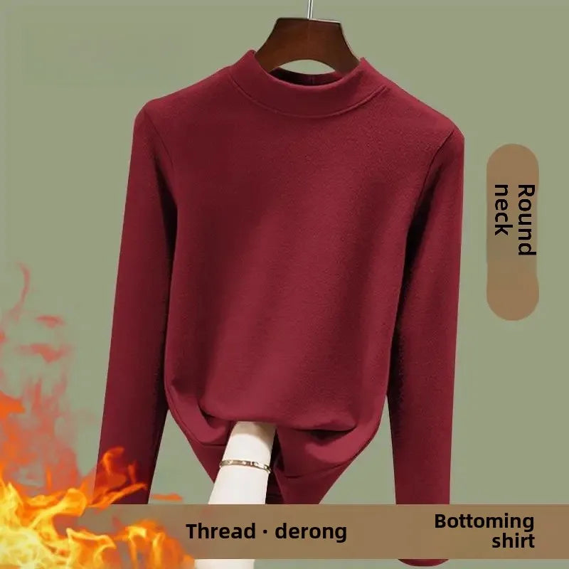 Warm Long Sleeve Crew Neck T Shirt Fashionable Spring Commute Thermal Base Layer Shirt Single Dual Threaded Velvet Polyester Fib - L ([recommended 50.00 kg-57.50 kg]) Elegant green [A046 single piece]]