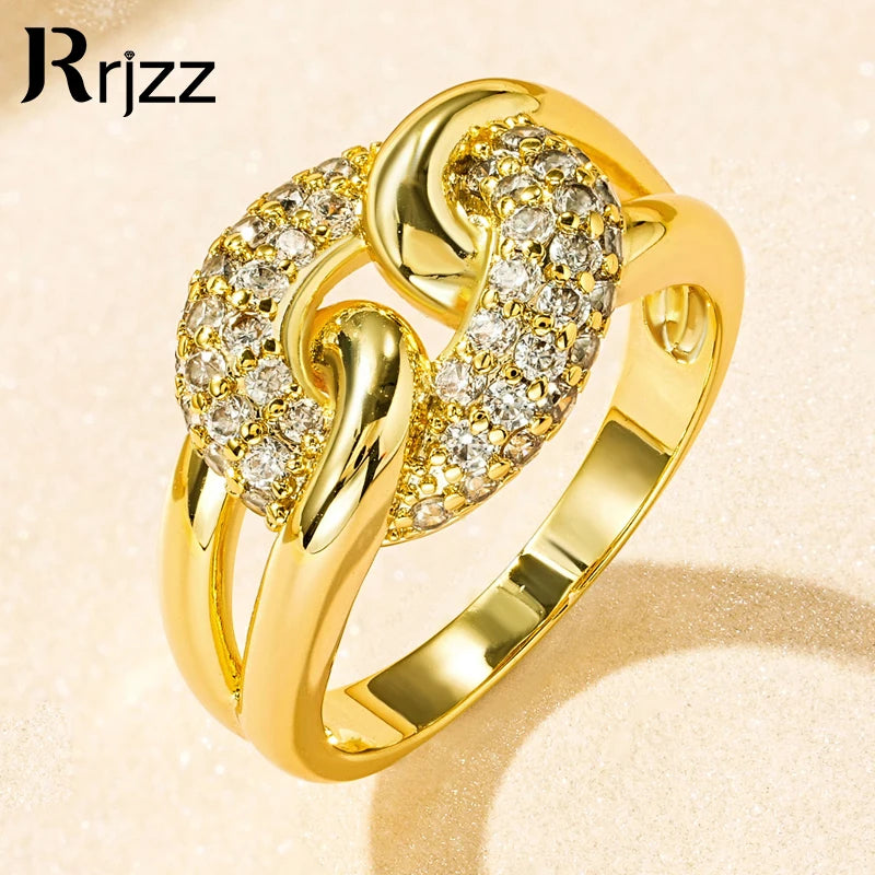 Rrjzz AAAAA CZ Diamante Simulado Anel Único Luxo Banhado a Ouro 14k Torcido Design para Mulheres Homens Joias Finas Presentes