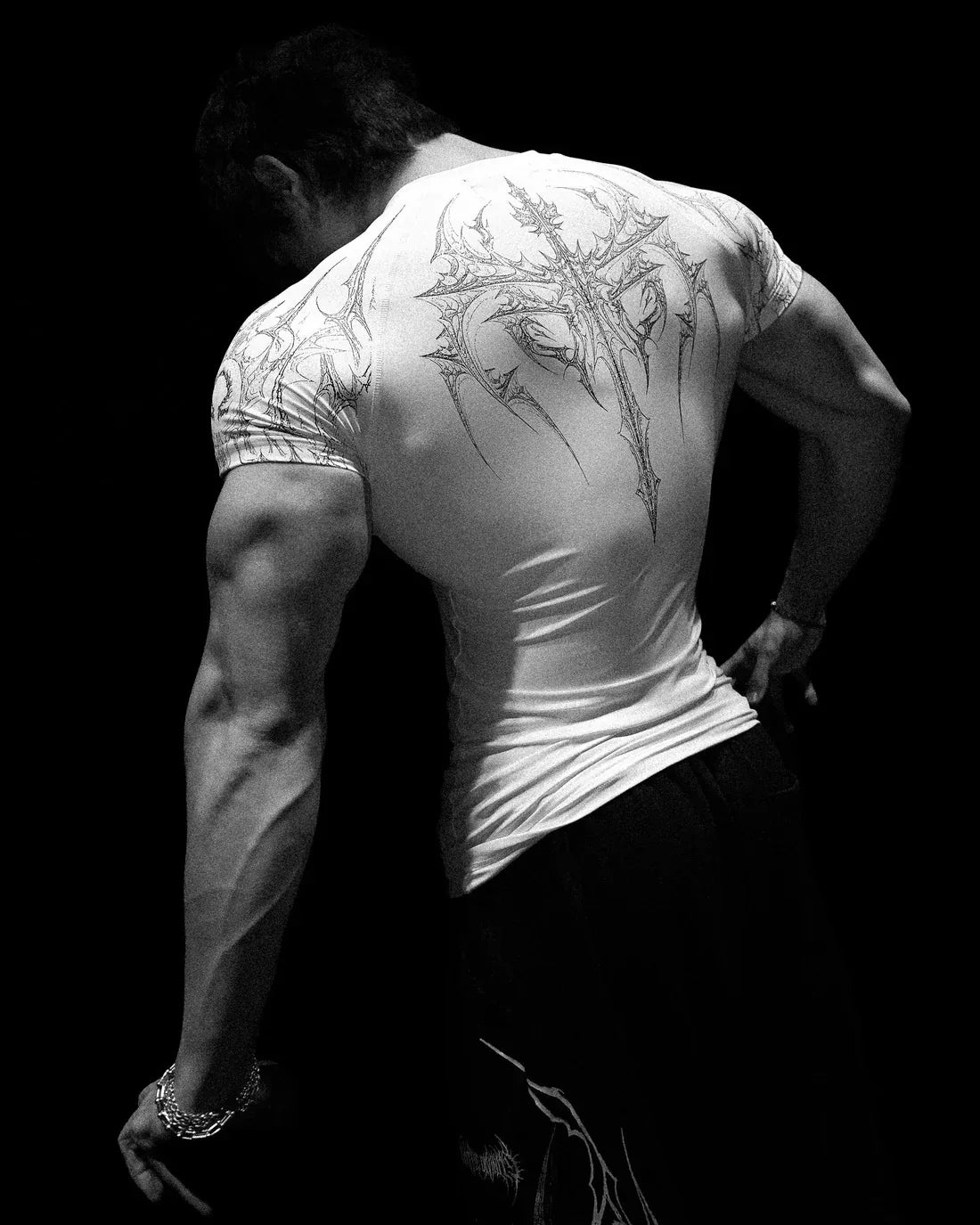 Men's Gothic Print Muscle Tee High Elasticity Quick-Dry Bodybuilding Training T-Shirt