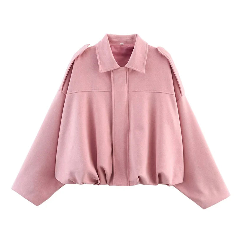Casacos Bomber Femininos Casacos da Moda Gola Virada Manga Longa Casacos Largos Vintage Feminino Casacos Chiques Tops