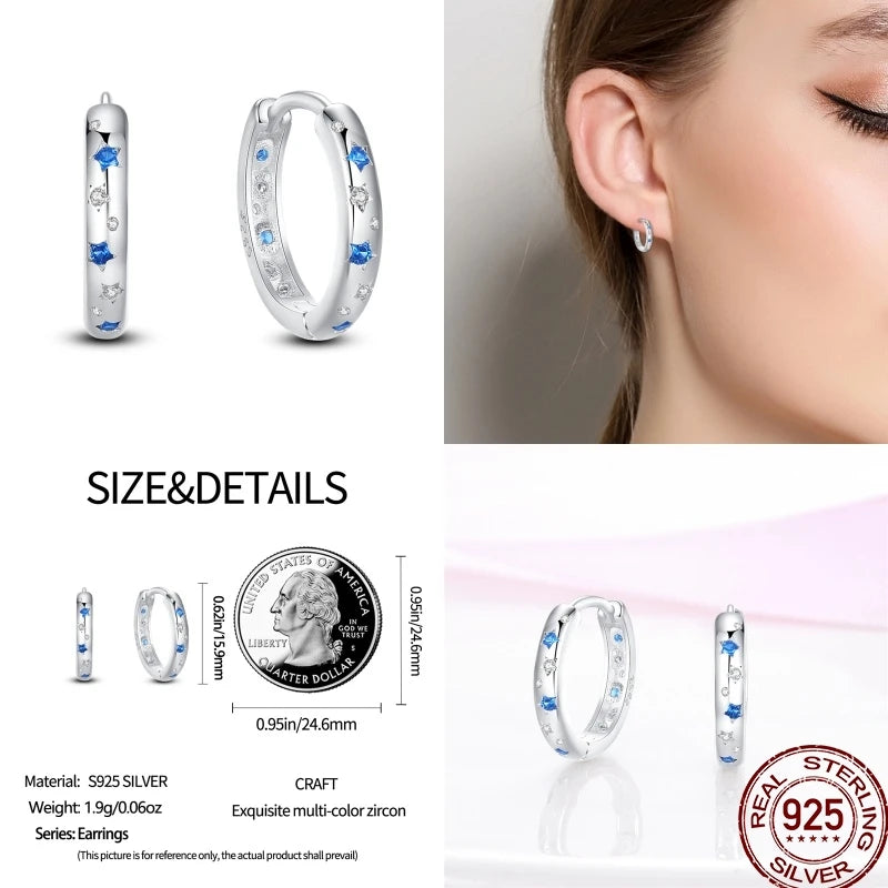 925 Sterling Silver Moon Universe Starry Sky Series Charm Earrings Women Blue Shiny Zircon Daily Wear Jewelry