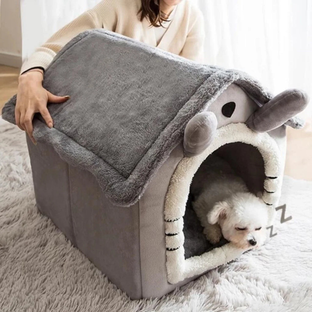 Ninho para Animais de Estimação Aconchegante Estilo Casa de Inverno, Almofada Removível e Lavável, Universal para Gatos, Cães Pequenos e Coelhos, Cama para Animais de Estimação para Todas as Estações