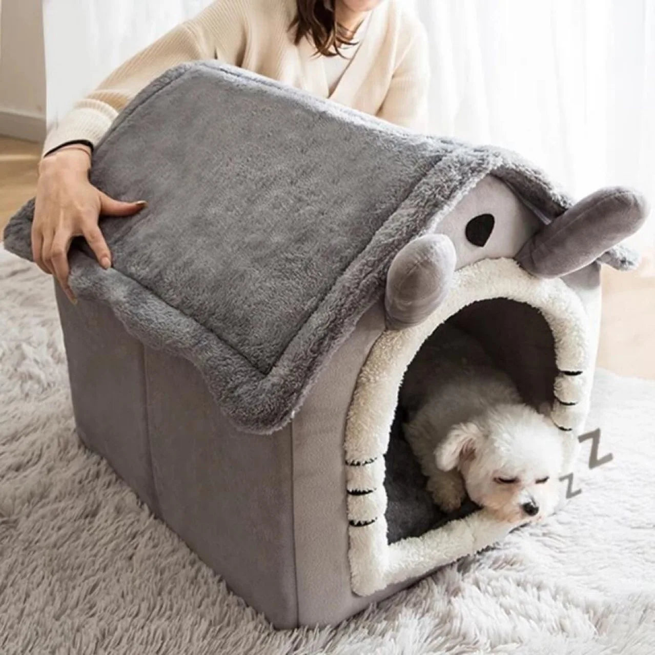 Winter Warm House-Style Pet Nest, Detachable & Washable Cushion, Universal for Cat, Small Dog & Rabbit, All Season Pet Bed