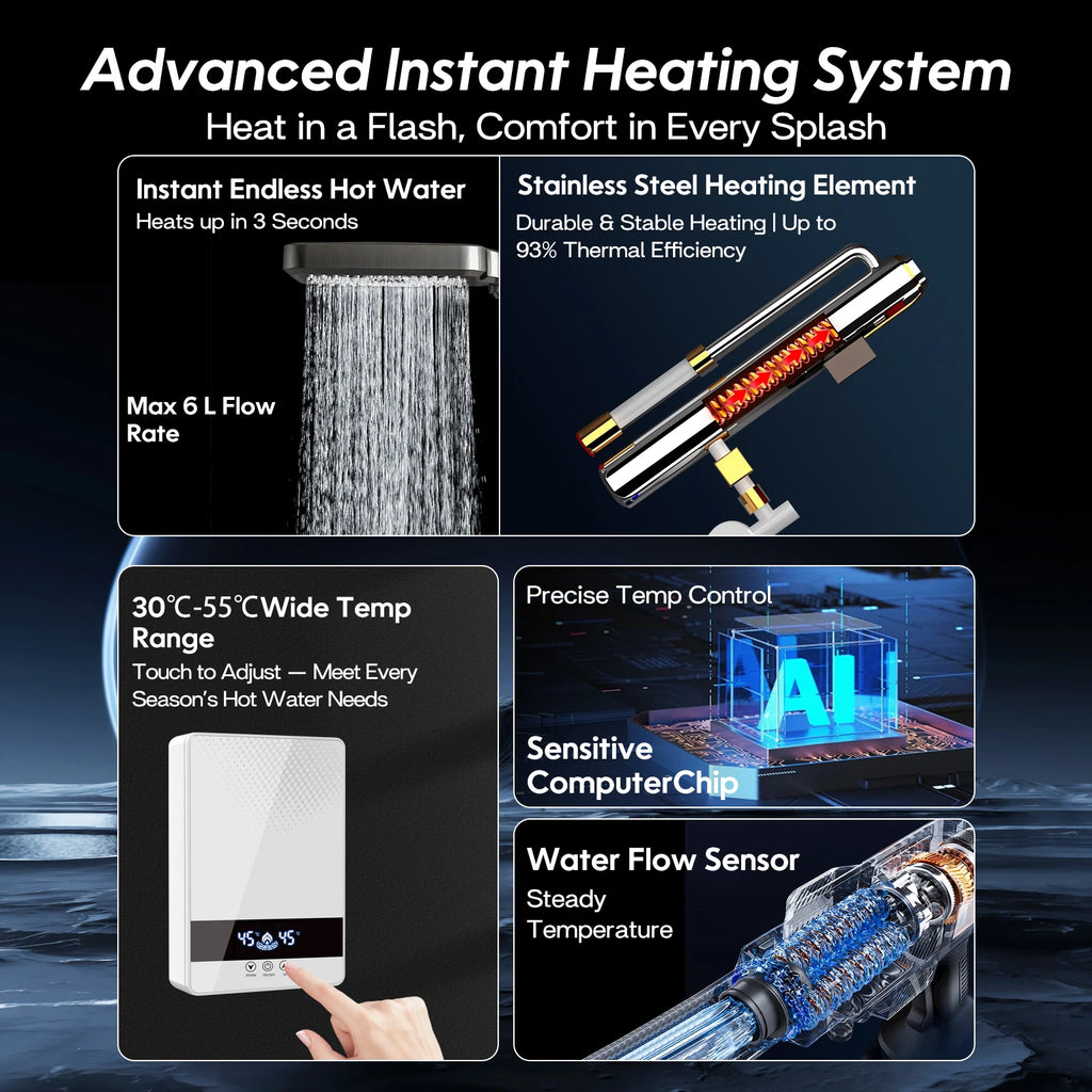 Aquecedor de Água Elétrico Instantâneo sem Tanque Chuveiro Banheiro Aquecedor de Água 220V 7000W Temperatura Automática para Casa e Hotel