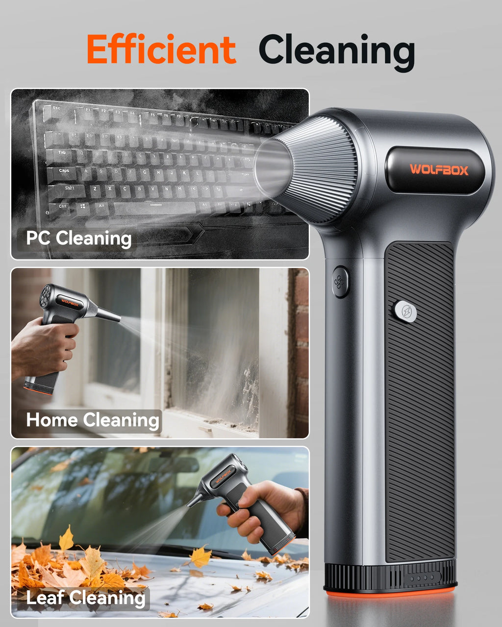WOLFBOX MF200 Espanador de Ar Elétrico Soprador de Ar - Pressão do Vento de 320g, Motor sem Escovas Recarregável de 3 Velocidades para Carro/PC/Casa/Exterior