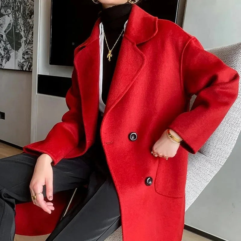 Inverno Coreano Feito à Mão Duplo Abotoamento Longo Casaco Feminino 100% Lã Casual Solto Cinto de Amarrar Sobretudo de Lã Oversized