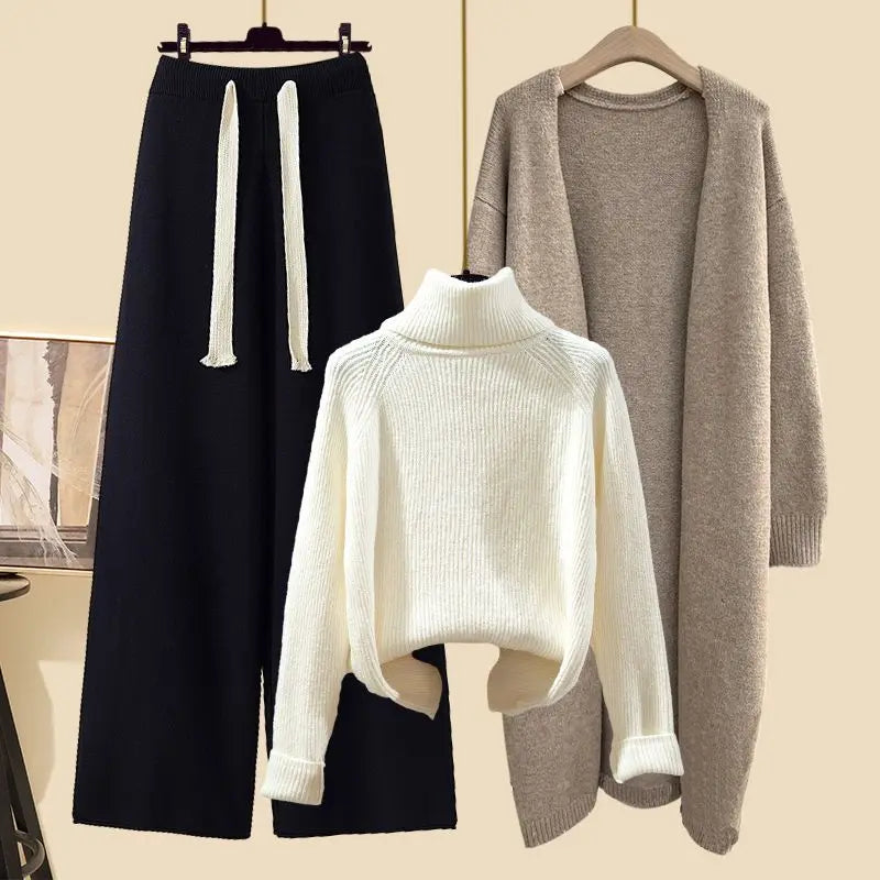 Conjunto Feminino de Tricô Moda Três Peças Outono Novo Estilo Preguiçoso Cardigã Aberto Calças Wide Leg Slim