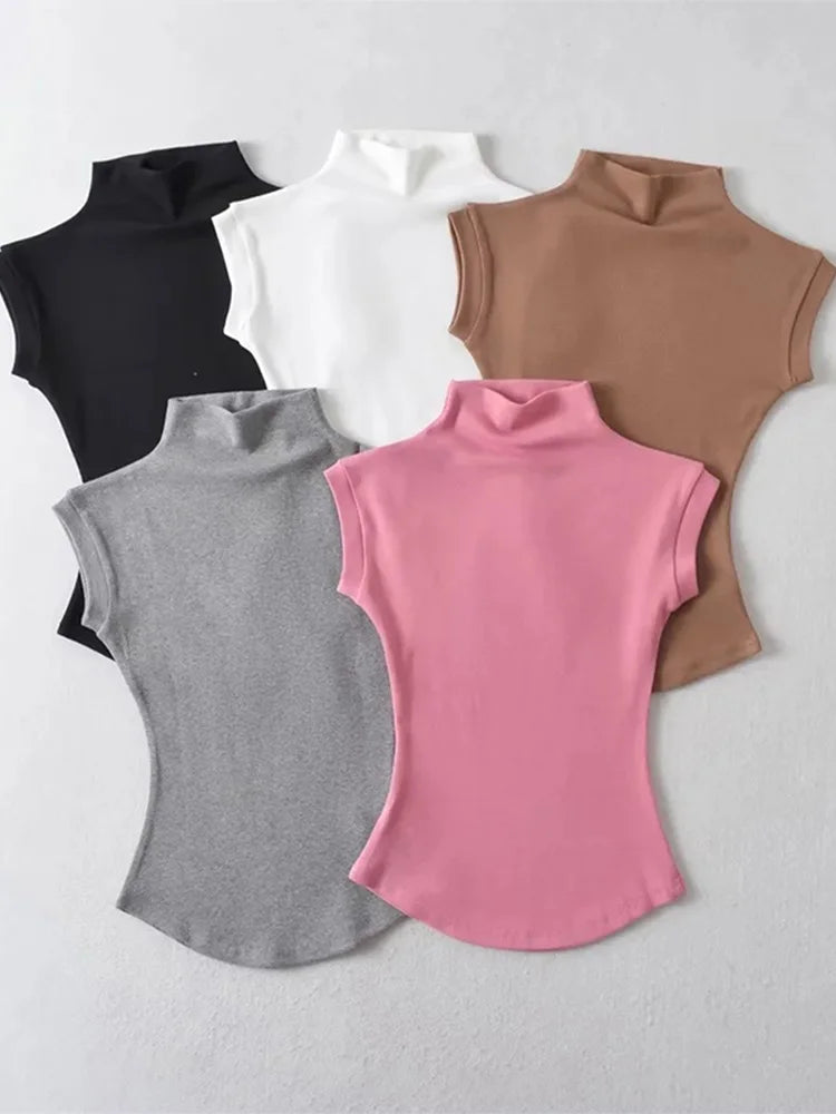 Mulheres Verão Sexy Gola Alta Regata Blusas Sólida Slim Fit Pulôver Casual Camisetas Femininas Streetwear Básicas - preto L