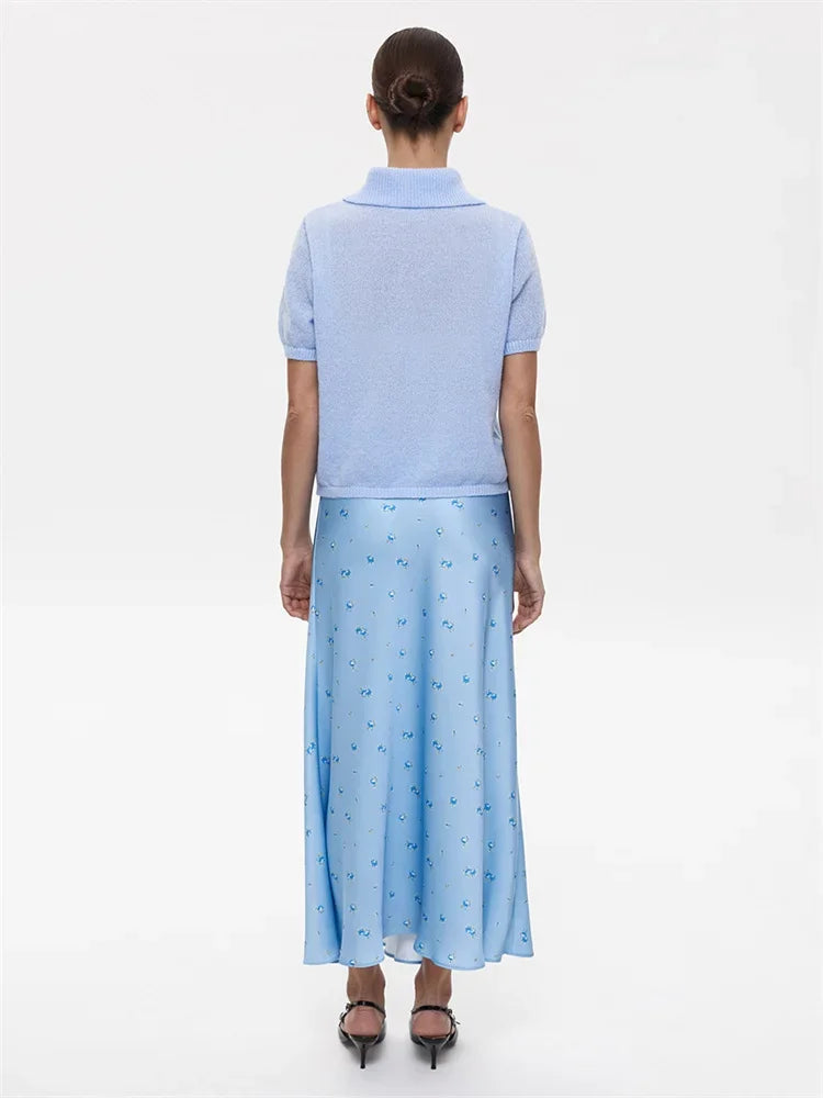 Suéter de malha feminino de manga curta casual com lapela patchwork transparente e vazado para o dia a dia