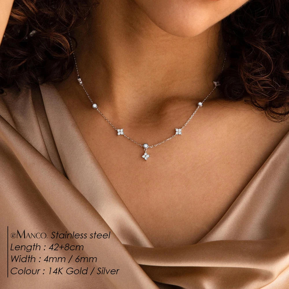 eMancoAço Inoxidável Zircônia Flor Encantos Colares Para Mulheres Elegante Luxo Banhado a Ouro Corrente Colar gargantilha Jóias