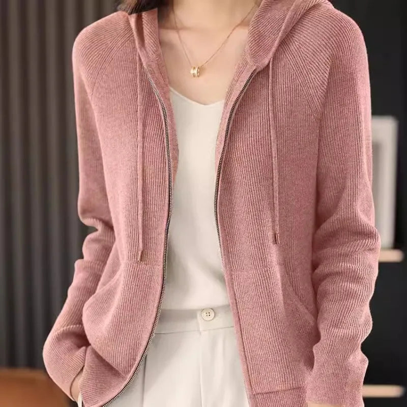 Cardigã Feminino Outono Inverno Gola Dobrável Zíper Frontal Cardigã Grosso Solto Suéter Básico Quente Tricô Casual Coreano Casaco - preto XL