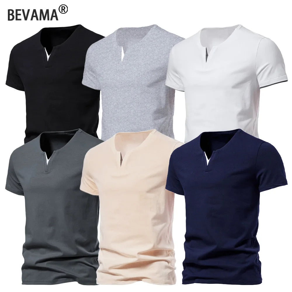 Camisetas Masculinas Verão Henley Gola V Manga Curta Casual Cor Sólida Slim Fit Camiseta Respirável Básica Solta Fitness Esportiva