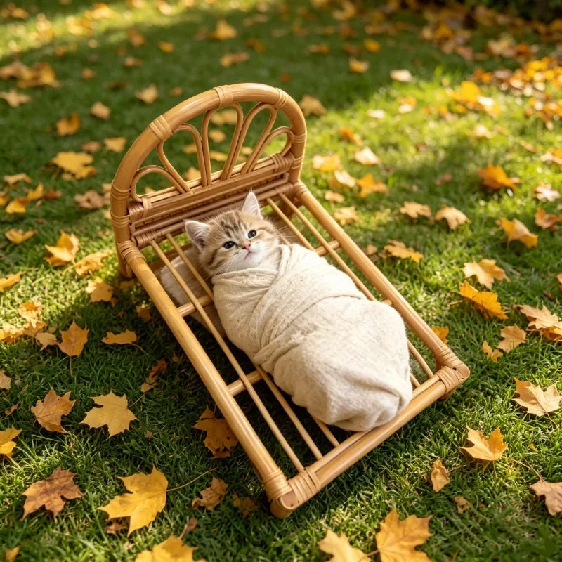 Natural Rattan Cat Bed Frame Handwoven Cat Photography Prop Wicker Pet Sofa Bed for Indoor Cats Mini Photo Shoot Bed for Kittens