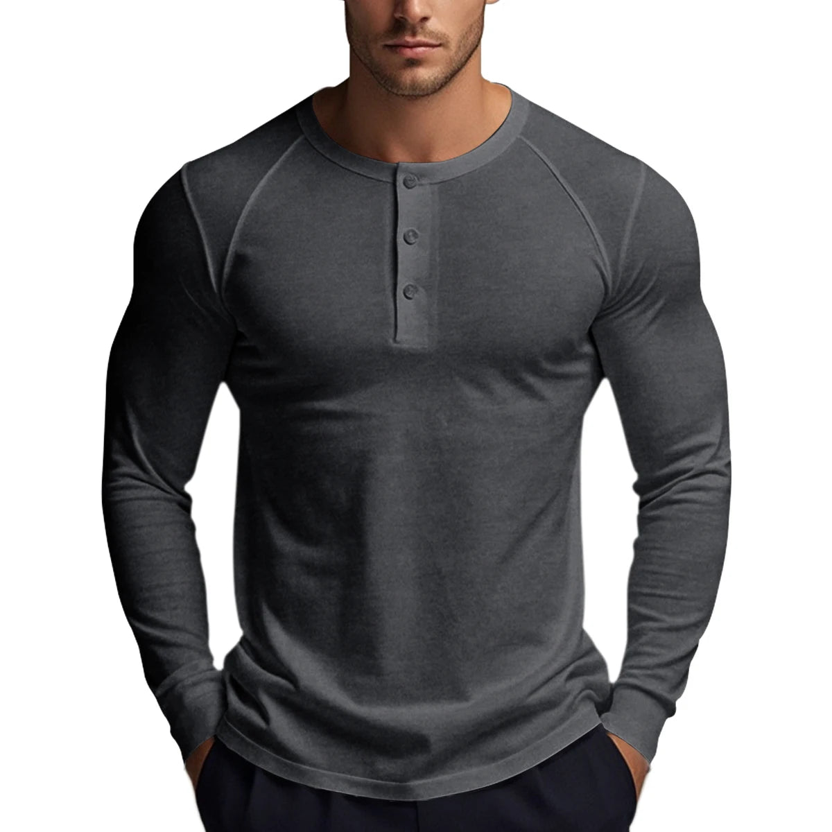Camisetas Masculinas de Manga Comprida com Botões Camisas Henley de Outono Gola Redonda Casual de Alta Qualidade Camisetas Masculinas