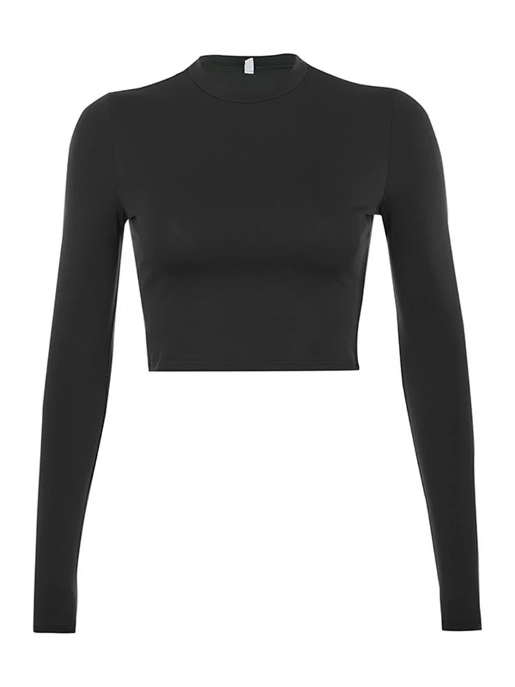 Camiseta Feminina Manga Comprida Básica Lisa Casual Preta Branca Top Curto Fashion Camiseta Feminina Moda Coreana - preto P