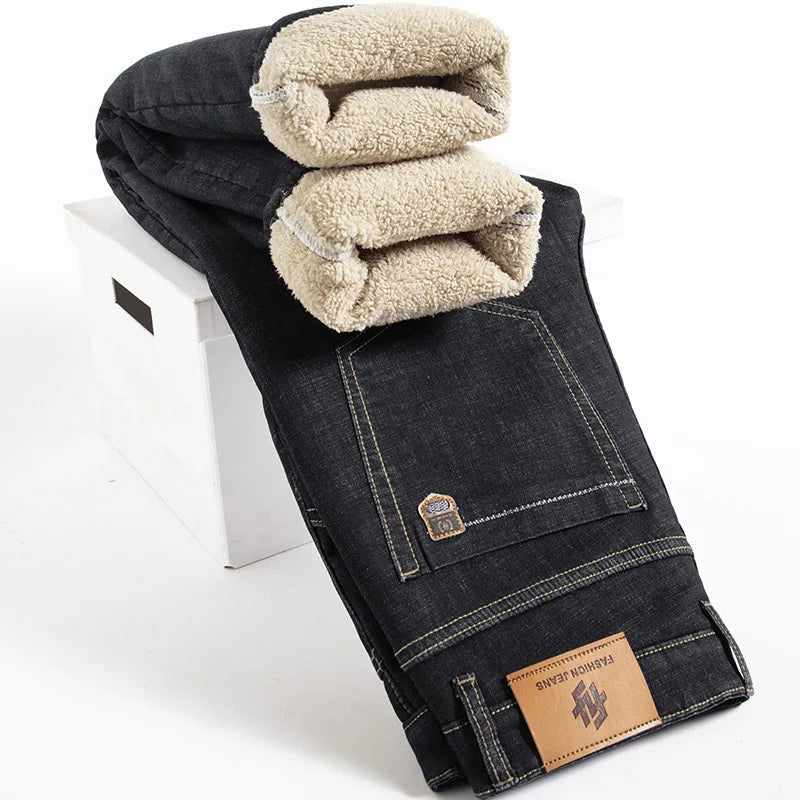 Inverno Cordeiro Flanela Jeans Reto Masculino Engrossar Tamanho Grande 40 Calças Jeans Cintura Alta Jeans Elástico Forrado de Lã Quente Slim Vaqueros