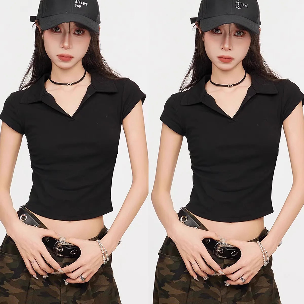 Cotton Summer Sexy Womens T Shirt Skinny Slim Basic Solid Crop Top Short Sleeve Polo Tshirtcasual Top Tee For Women - White L