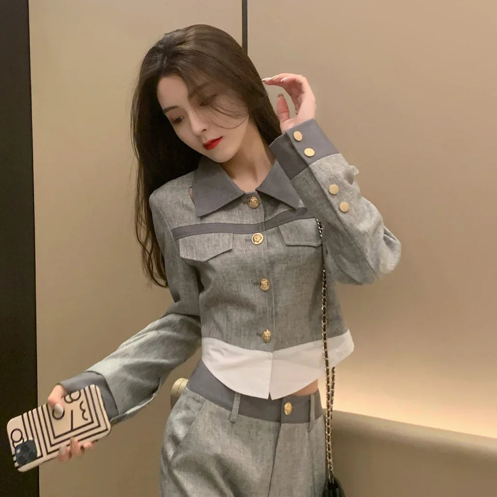 Calça Feminina Escritório Cinza Para o Trabalho Conjuntos de Top e Calça para Mulheres 2 Peças Profissional Primavera Outono Estilo Coreano Luxo Completo