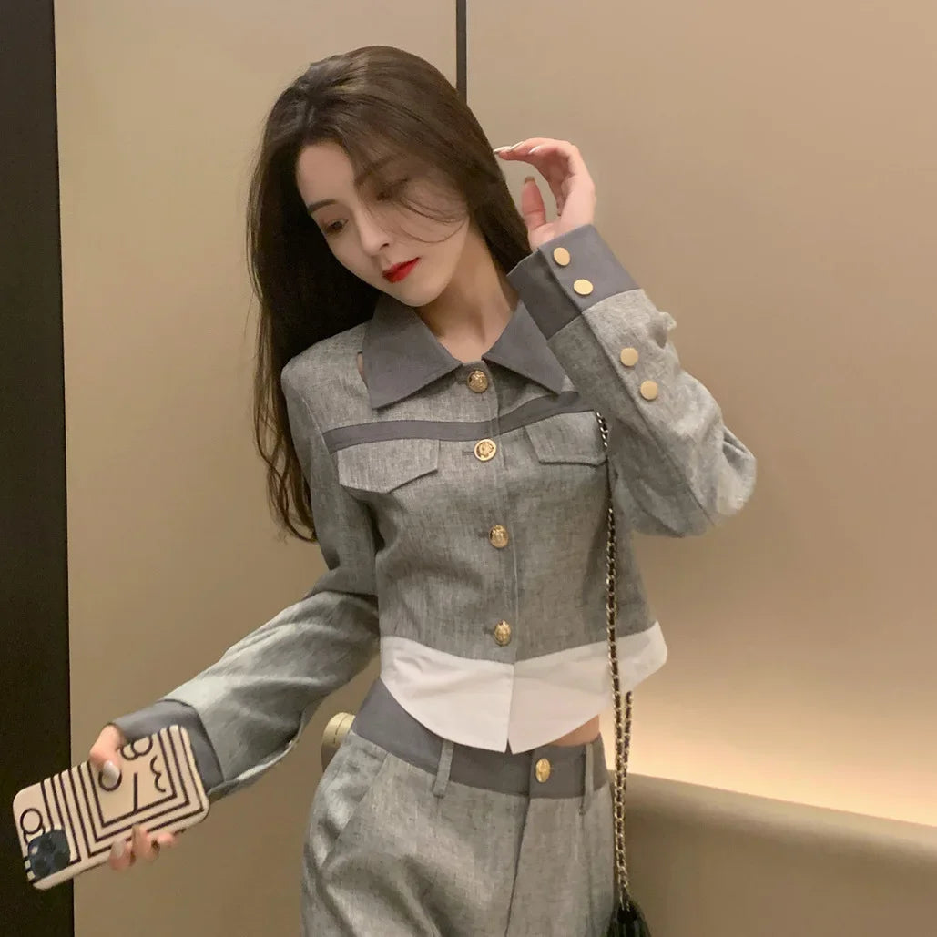 Calça Feminina Escritório Cinza Para o Trabalho Conjuntos de Top e Calça para Mulheres 2 Peças Profissional Primavera Outono Estilo Coreano Luxo Completo