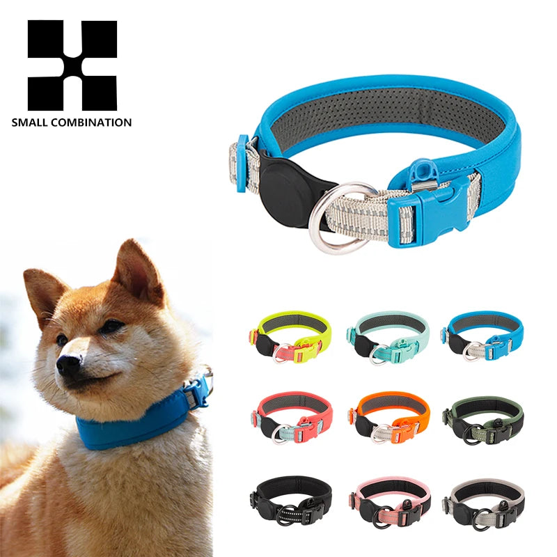 Coleira de Cachorro AirTag Personalizada Ajustável Nylon Refletiva Acolchoada para Cães de Pequeno Médio Grande Porte Acessórios