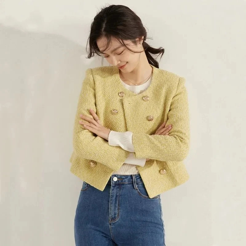 Ladies Woolen Jacket 2024 Autumn Winter Double-Breasted Slim Female Coat Versatile Coarse Tweed Temperament Women Wool Overcoat
