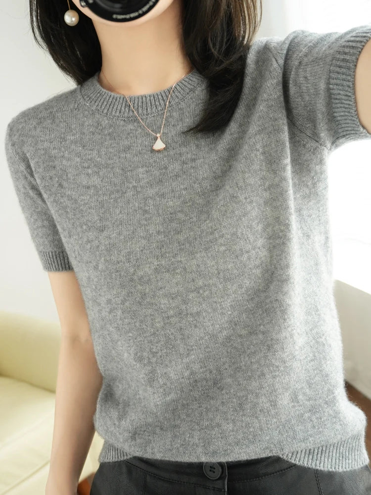 Summer New Loose Short Sleeve Knitted Woolen T Shirt Womens Thin Cotton V Neck Half Sleeve Top Outerwear Commute Style 1 - Xl Pink