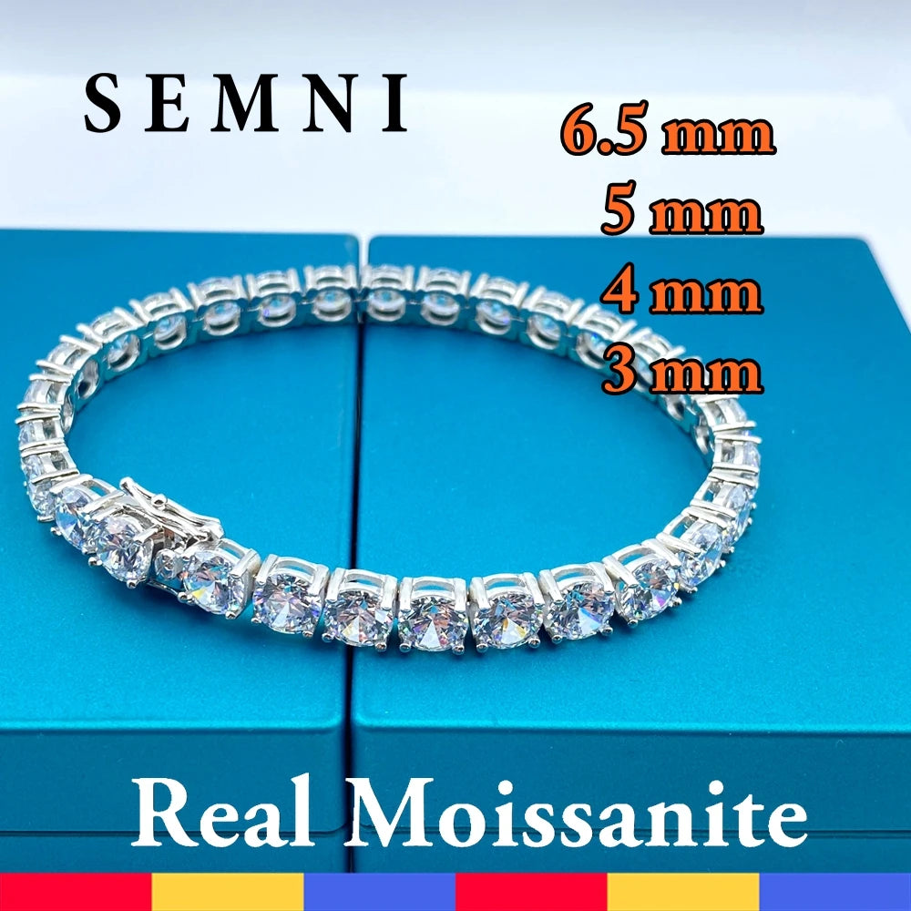 Pulseira Riviera de Moissanita Semni 3mm 4mm 5mm 6.5mm para Homens e Mulheres com Certificado, Joia Fina de Luxo em Prata Esterlina 925