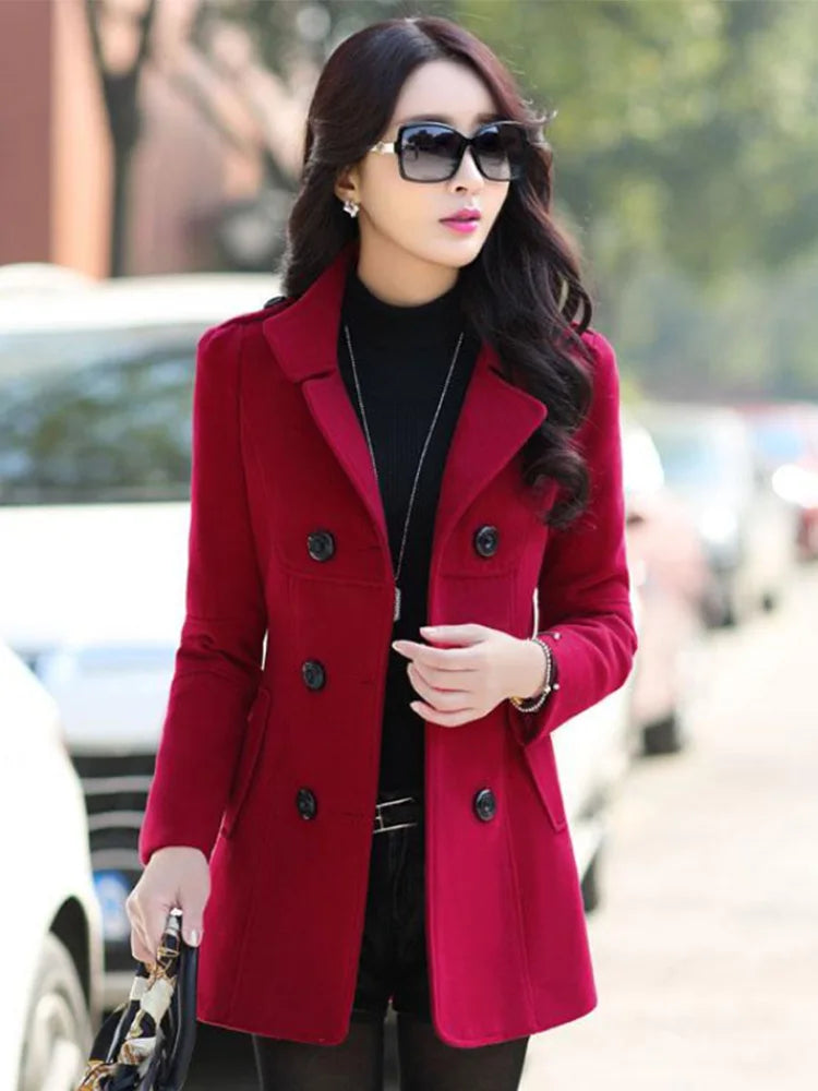 Novo Casaco de Lã Feminino Outono Inverno Casaco Feminino Slim Abotoamento Duplo Médio Longo Mistura de Lã Quente Sobretudo Feminino Inverno Casaco Jaqueta