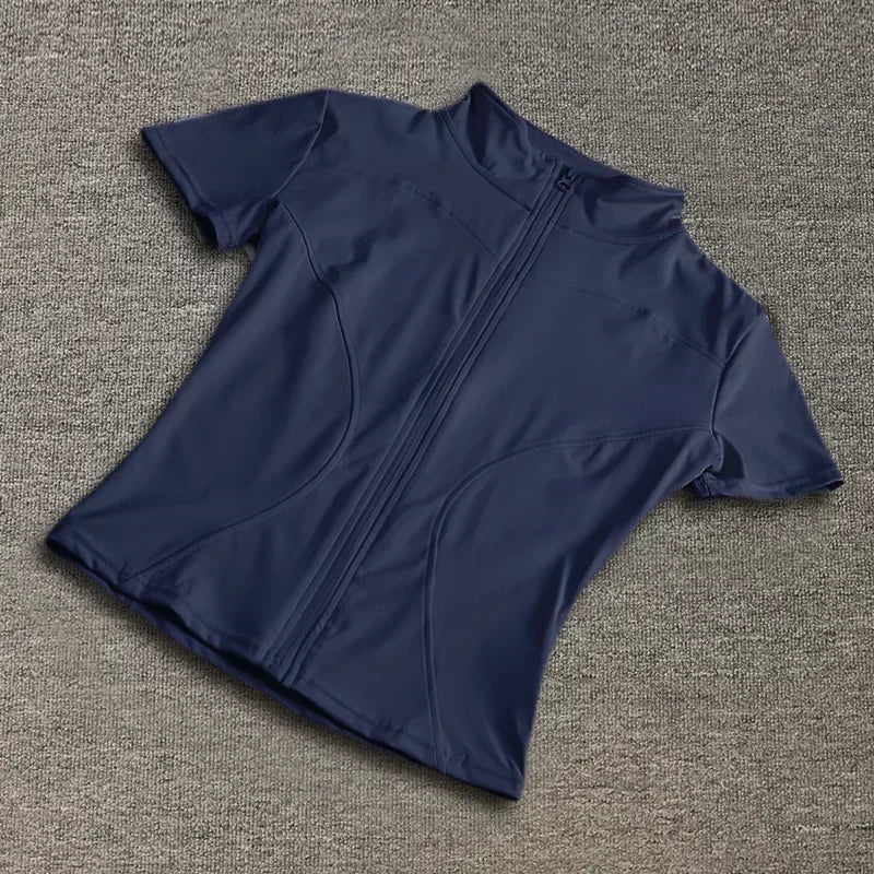 Verão de Alta Qualidade Modelador de Cintura Tops de Treino Feminino de Secagem Rápida Justo Gola Alta Zíper Completo Manga Curta Camisas de Yoga