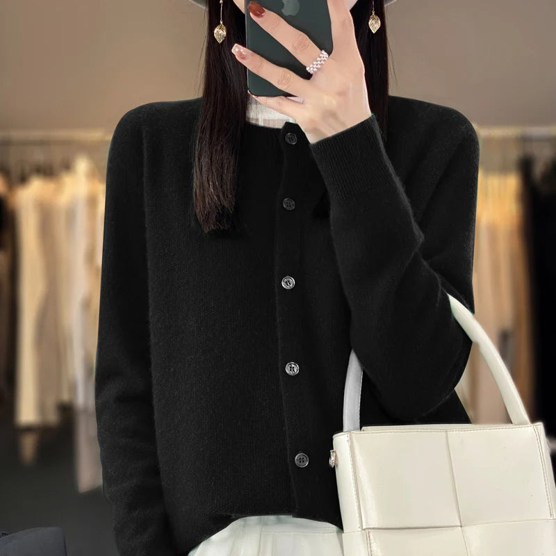 Cardigã Feminino de Lã Merino 100% Cashmere, Suéter para Outono Inverno, Gola Redonda, Manga Longa, Malha Feminina, Roupas Básicas, Blusas - Shumei XXL