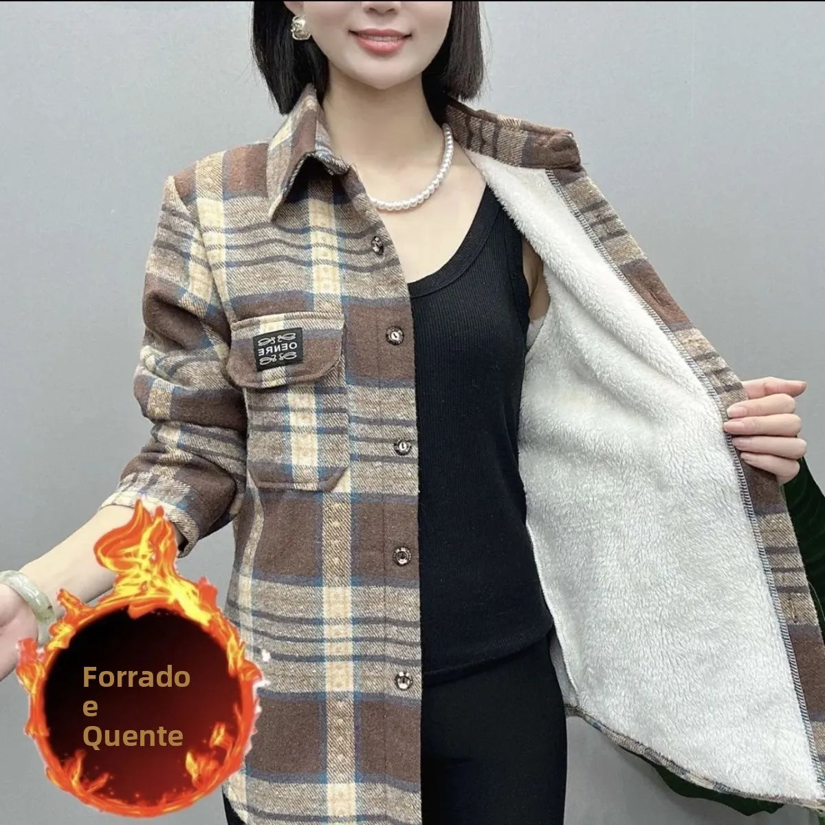 Camisa Xadrez Feminina de Lã Grossa Casual Solta Outono Inverno Quente Manga Regular Comprida Gola Marca Chinesa