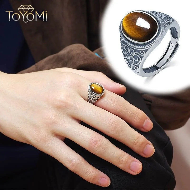Anel Masculino de Prata Esterlina 925 Vintage com Pedra Natural Olho de Tigre 10*14MM Estilo Retrô Grande Joia Fina