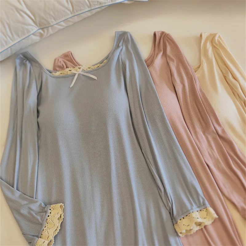 Pijama Feminino Vestido para Descansar com Bojo Camisola Manga Longa Outono Inverno Roupa de Dormir Modal Macio Camisola Feminina