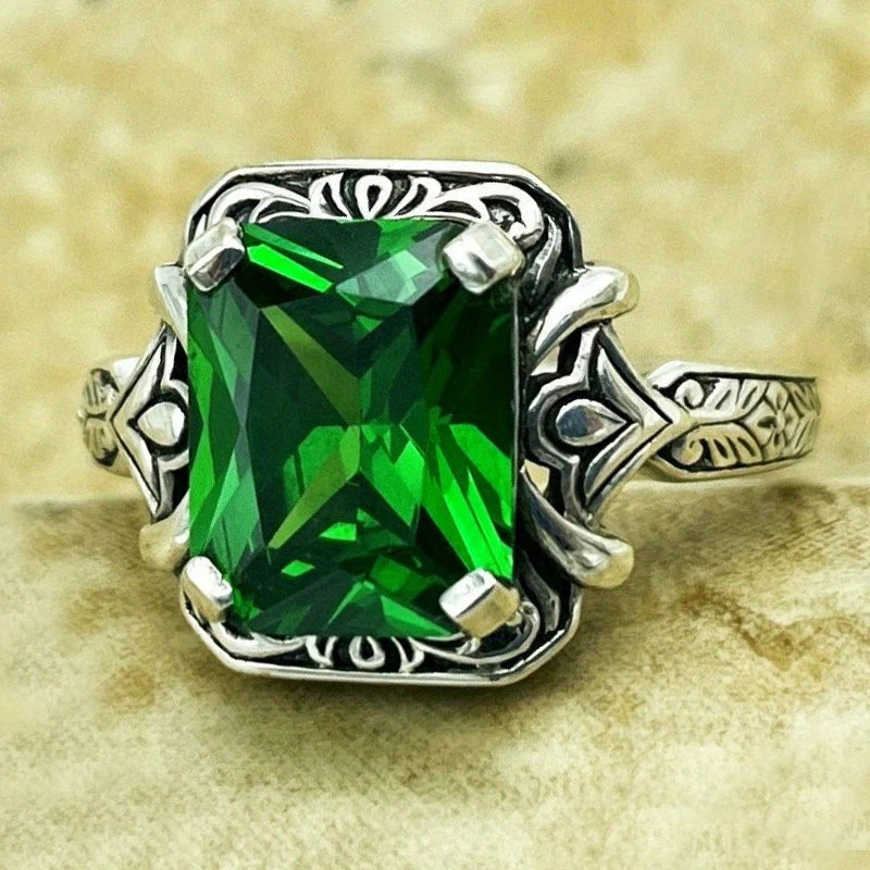 Anéis femininos Huitan quadrados elegantes de zircônia cúbica verde, anéis femininos vintage cor anti-prata para festa de aniversário, joia de luxo