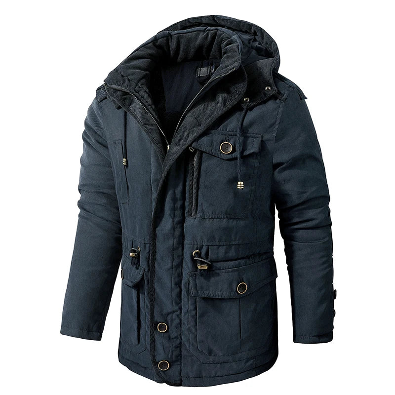 Parkas Masculinas Grossas Jaqueta Quente de Inverno Casaco de Lã com Cashmere Militar ao Ar Livre Acolchoado de Algodão Quebra-Vento Masculino Agasalho com Capuz