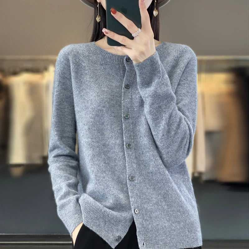 Cardigã Feminino de Lã Merino 100% Cashmere, Suéter para Outono Inverno, Gola Redonda, Manga Longa, Malha Feminina, Roupas Básicas, Blusas - Shumei XXL
