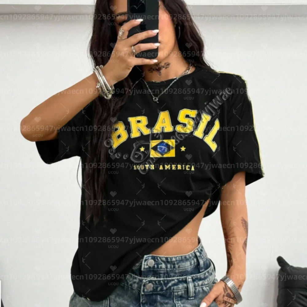 Camiseta Feminina Manga Curta Estampa Brasileira Sul Americana Menina Gola Redonda Blusa Esportiva Ao Ar Livre Adulto Camiseta Feminina 1 - A39255-094-ZK-W-0-C XL