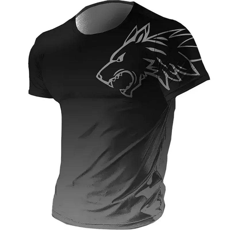 Camiseta masculina fitness sportswear verão 2024 vintage masculina 3D estampada secagem rápida gradiente animal lobo manga curta