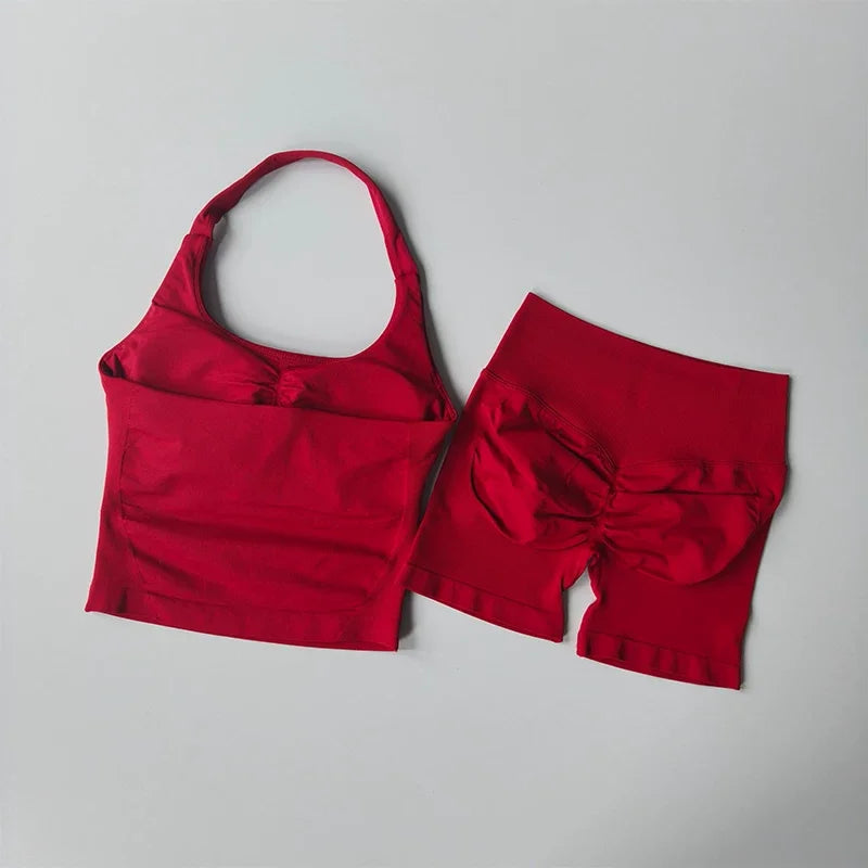Conjunto de ginástica de 2 peças de ioga para mulheres, tops tipo halter sem costas, shorts sem costura de cintura alta, conjunto de ginástica, sutiãs esportivos de fitness, roupa esportiva, conjuntos de treino