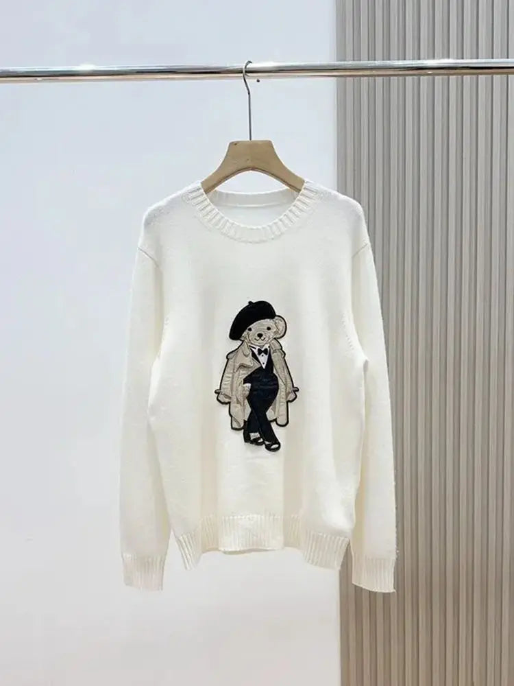Suéter Feminino de Tricô com Urso Bordado Estilo Francês de Luxo para Mulheres Blusas Casuais de Malha Suéter Pull Femme